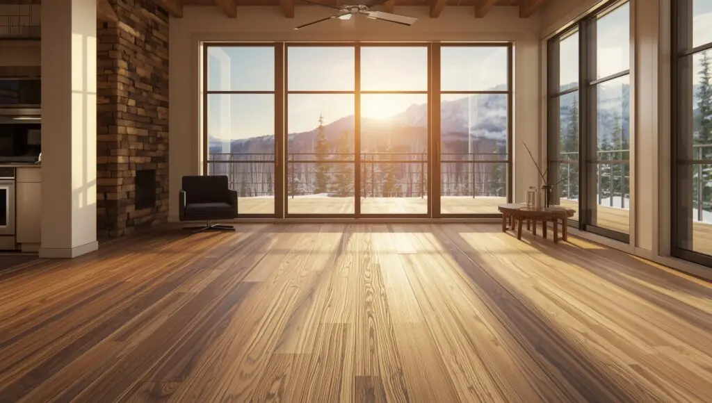 A bright Colorado home interior showcasing engineered hardwood, vinyl plank, and laminate flooring with sunlight streaming through large windows overlooking snowy mountains.