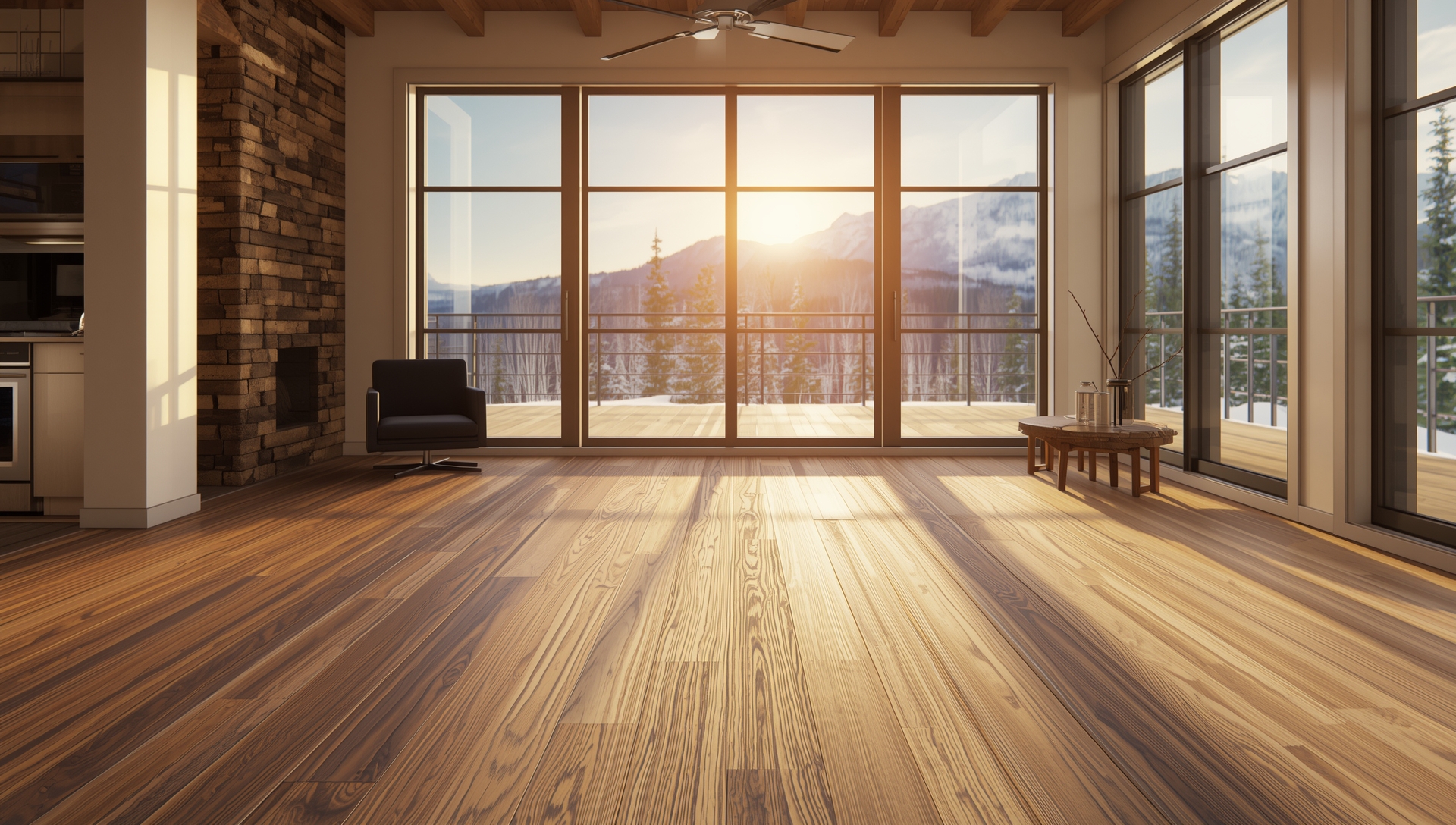 A bright Colorado home interior showcasing engineered hardwood, vinyl plank, and laminate flooring with sunlight streaming through large windows overlooking snowy mountains.