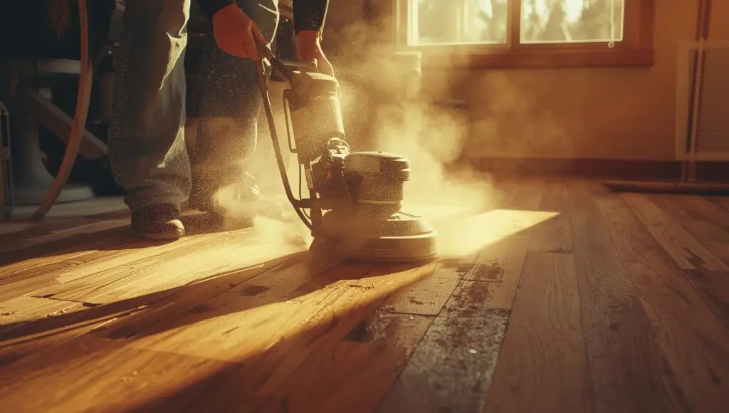 A flooring professional sanding a hardwood floor in a Colorado home, with dust rising and warm natural light highlighting the wood grain.