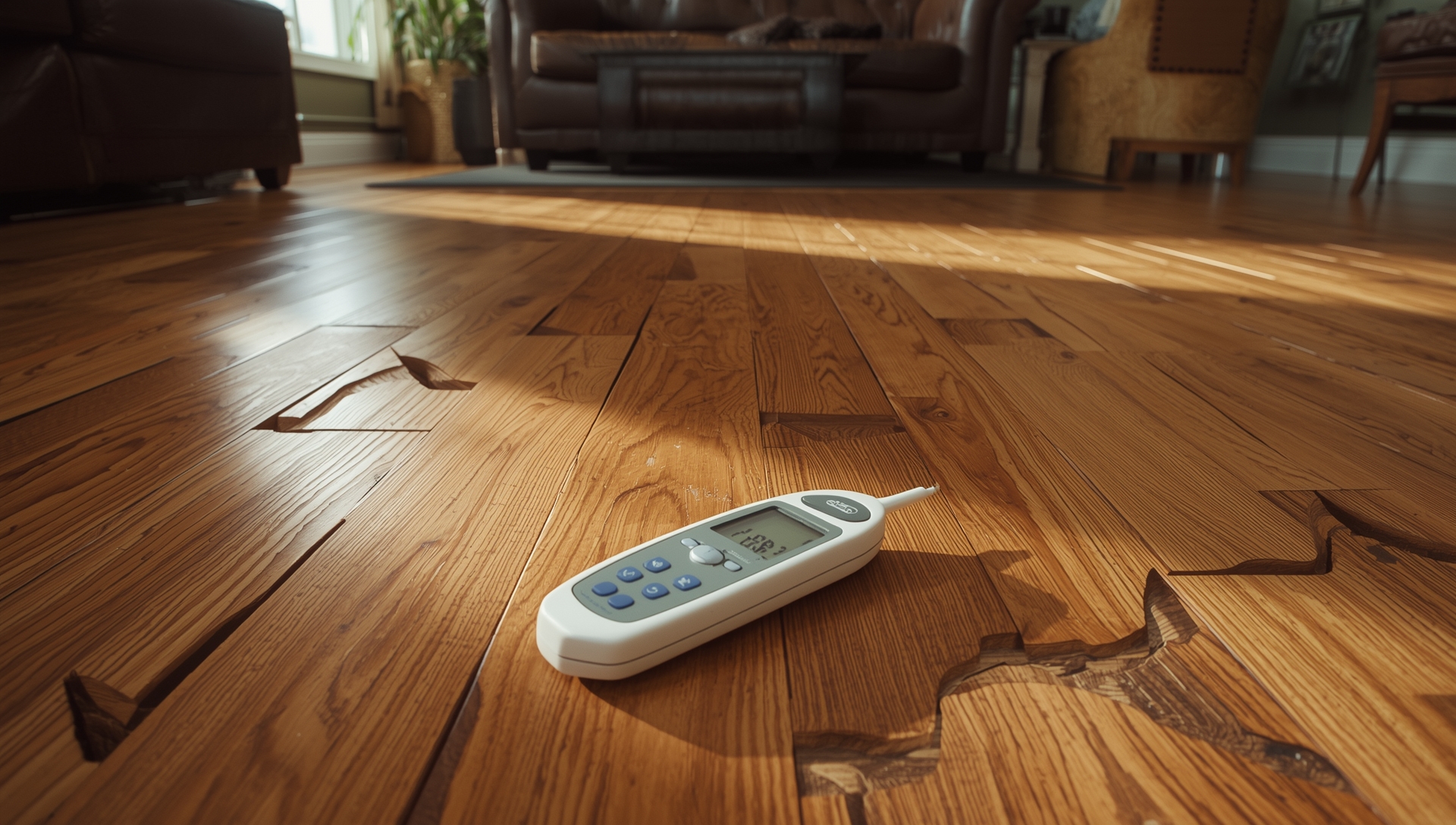 Hardwood floor showing visible gaps and warping caused by indoor humidity changes