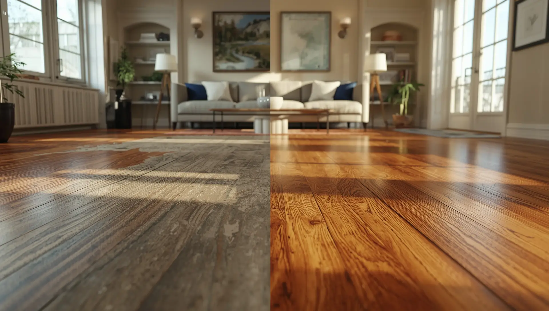 Before and after comparison showing a worn hardwood floor transformed through professional refinishing