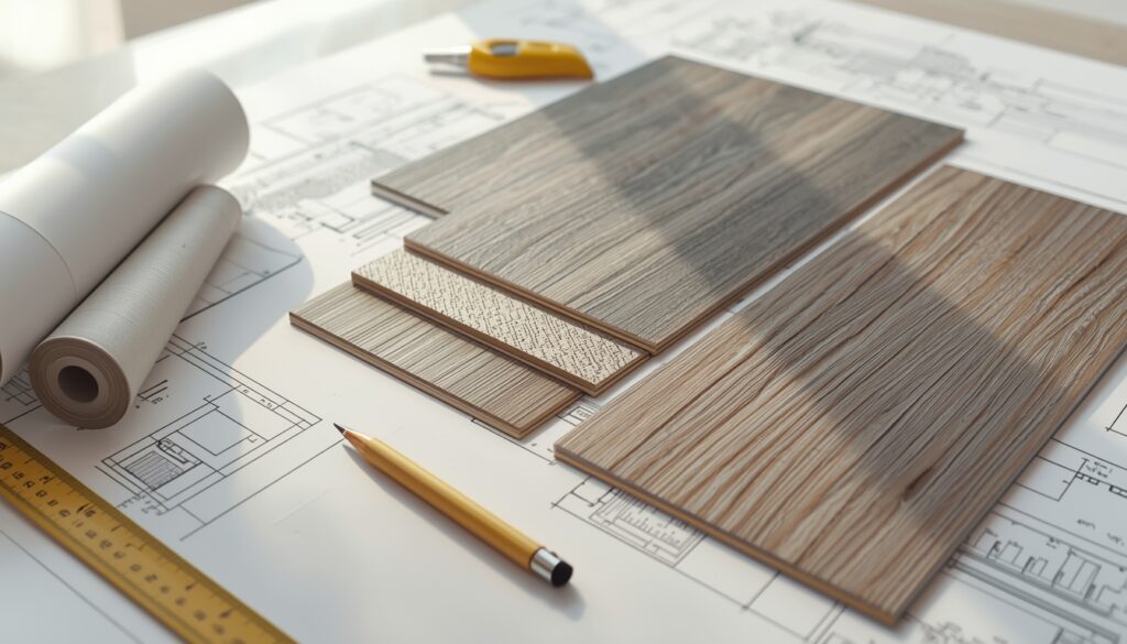 Flooring samples placed on architectural blueprints with tools, showing planning for professional floor installation